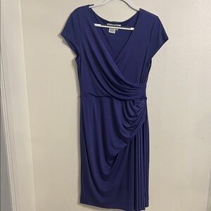 Maggy London Blue Purple Draped Surplce Stretch Jersey Short Sleeve Dress 12 Lar